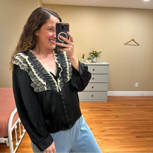 THE GREAT. Black White Ruffled Tuxedo Blouse Top 2 Medium - Picture 3 of 16